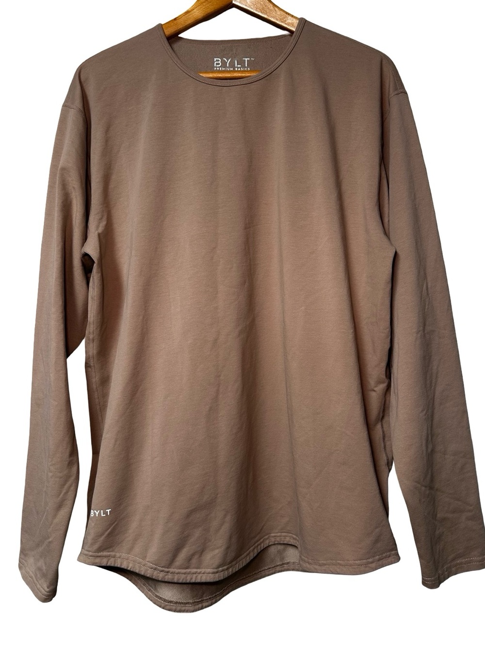 BYLT Tan Drop Cut Long Sleeve Shirt XL Lux Stretchy Casual Travel Athletic